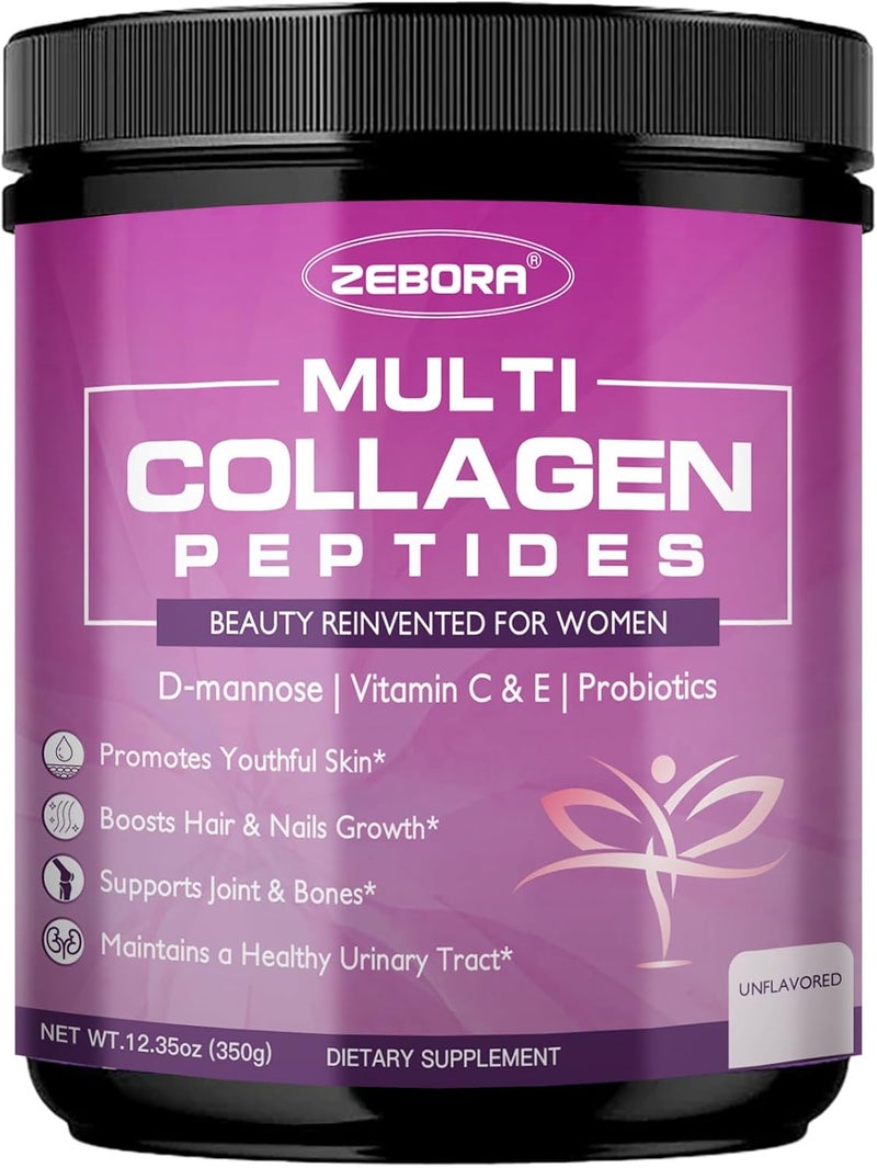 ZEBORA Multi Collagen Peptides Powder for Women  Hydrolyzed Collagen Peptides with DMannose  Womens Probiotics  Supports Skin Hair Nails and Urinary Tract Health Unflavored 35 Servings - Image 1