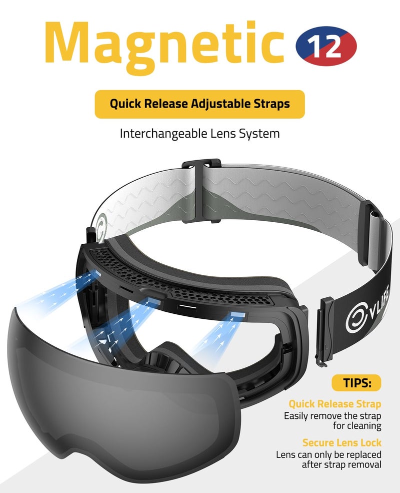 CVLIFE Ski Goggles OTG, Snow Goggles for Men, Women & Youth â€“ Magnetic Lens, Frameless, Anti-Fog, 100% UV400 Protection, Interchangeable Spherical Lens, Quick Release Strap - Image 3