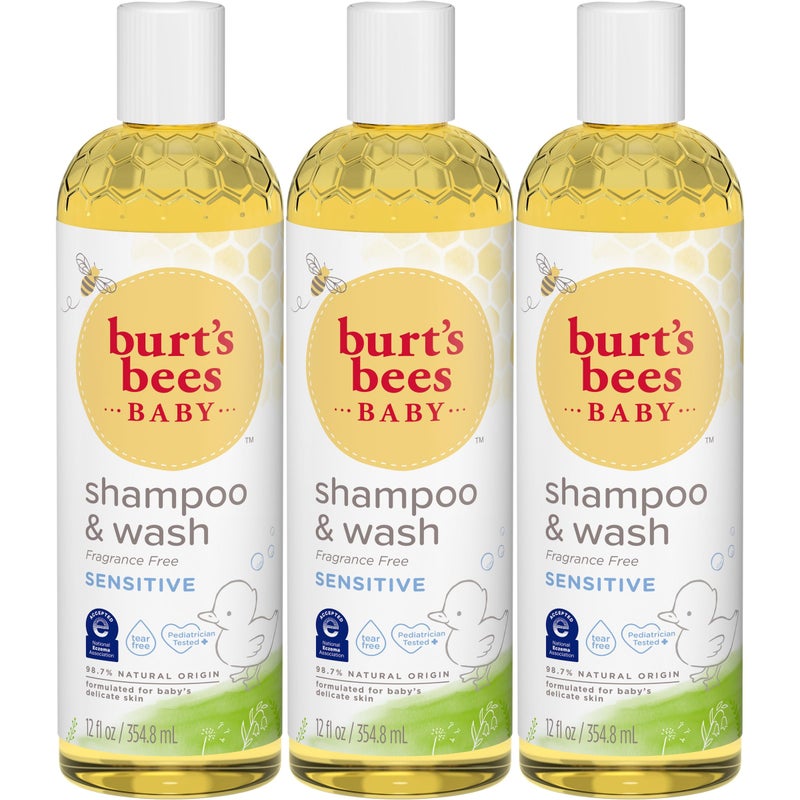 Burt's Bees شامبو وغسول أطفال من بيرتس بيز، خالي من العطور وخالي من الدموع - زجاجة سعة 12 أونصة، عبوة من 3 - Image 1