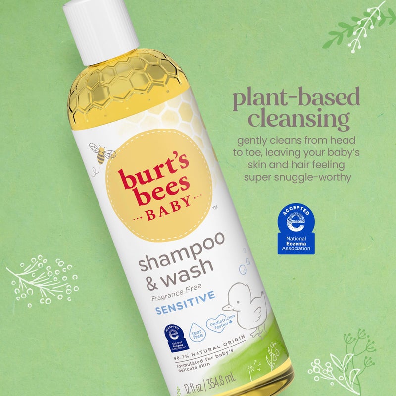 Burt's Bees شامبو وغسول أطفال من بيرتس بيز، خالي من العطور وخالي من الدموع - زجاجة سعة 12 أونصة، عبوة من 3 - Image 2