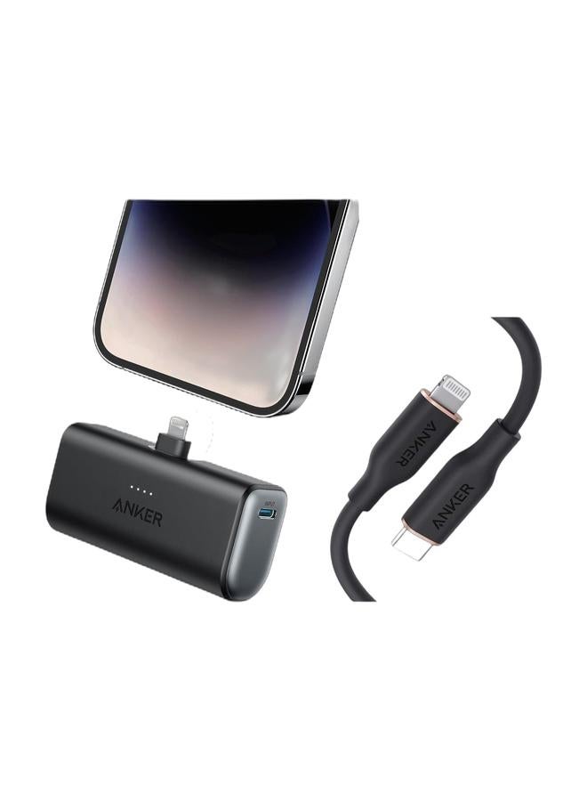 Anker Portable Charger with Built-in Lightning Connector, MFi Certified, Battery Pack 5,000mAh 12W, Compatible with iPhone 14/14 Pro / 14 Plus / 14 Pro Max, iPhone 13 and 12/11/X Series (Black) & PowerLine III Flow, USB C to Lightning Cable for iPhone 14/14 Pro/14 Pro Max/13/12/11 Series [MFi Certified, 3ft, Midnight Black] Supports Power Delivery, Silicone Cable (Charger Not Included) Bundle - Image 1