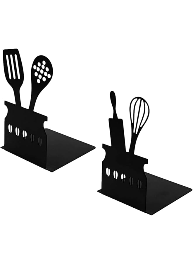 The Bros Metal Bookends, 2 PCS Rustproof Black Kitchen Bookends, Creative Metal Hollow Bookends, Ideal for Home, School, Office, Library, Kitchen, Strong and Sturdy Book Ends for Shelves - Image 1