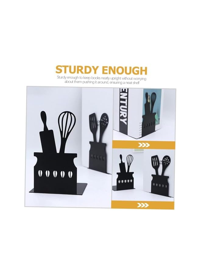 The Bros Metal Bookends, 2 PCS Rustproof Black Kitchen Bookends, Creative Metal Hollow Bookends, Ideal for Home, School, Office, Library, Kitchen, Strong and Sturdy Book Ends for Shelves - Image 3