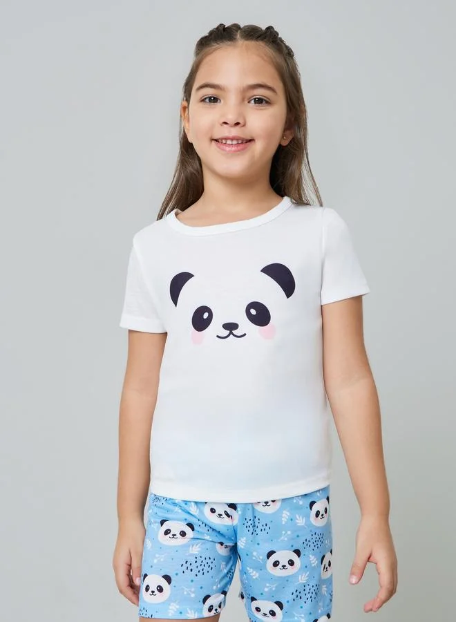 Styli Girls Panda Print T-Shirt and Shorts Set