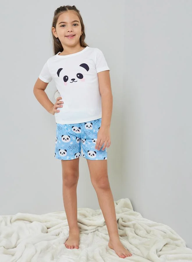Styli Girls Panda Print T-Shirt and Shorts Set