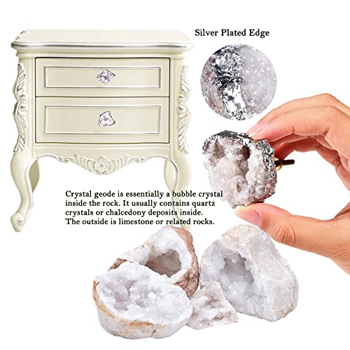 AMOYSTONE Crystal Geode Drawer Knobs Natural White Healing Crystal Stone Silver-Plated Cabinet Handles Cupboard Dresser Pulls for Home Office Decor Set of 4 - Image 4