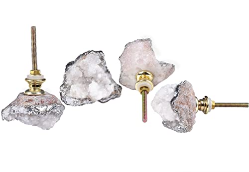 AMOYSTONE Crystal Geode Drawer Knobs Natural White Healing Crystal Stone Silver-Plated Cabinet Handles Cupboard Dresser Pulls for Home Office Decor Set of 4 - Image 1