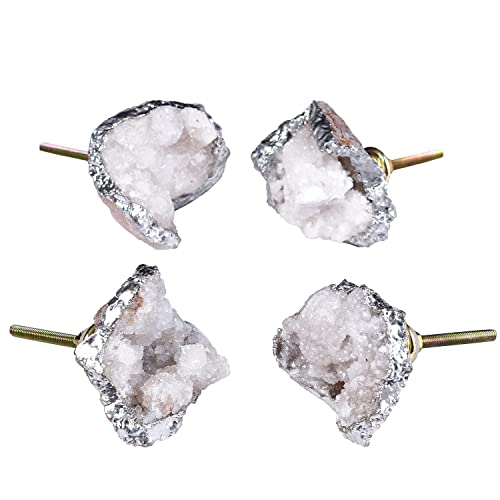 AMOYSTONE Crystal Geode Drawer Knobs Natural White Healing Crystal Stone Silver-Plated Cabinet Handles Cupboard Dresser Pulls for Home Office Decor Set of 4 - Image 2