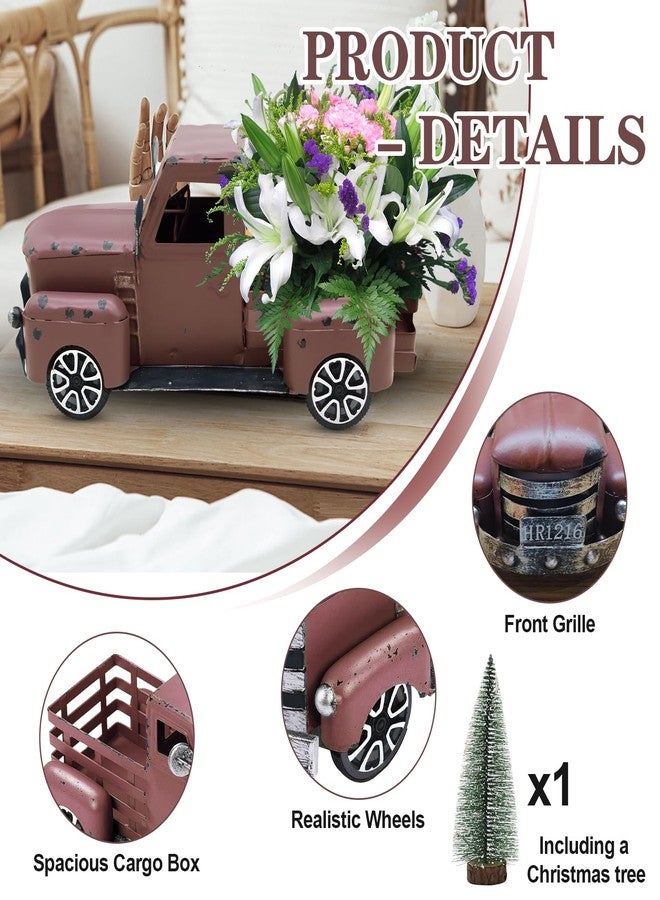 زينة شاحنة حمراء ليوم شتوي، هدية معدنية صغيرة لطيفة، ديكور سيارة مزرعة، زهور شجرة عتيقة، ديكور مصنوع يدويًا، صناديق هدايا سيارة معدنية حمراء، نموذج شاحنة بيك أب - Image 3