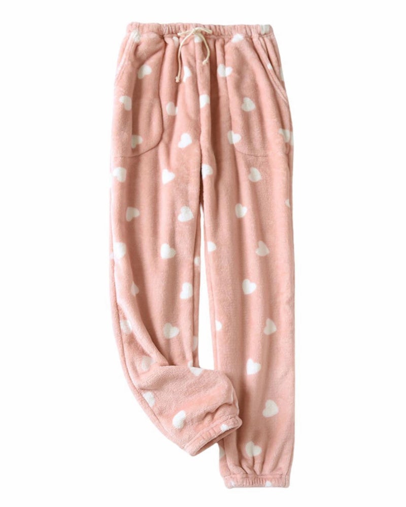 codcm Womens Fuzzy Pajama Pants Cute Heart Sleep Lounge Bottoms Comfy Soft Long Pj Pants with Pockets(Pink,Medium)
