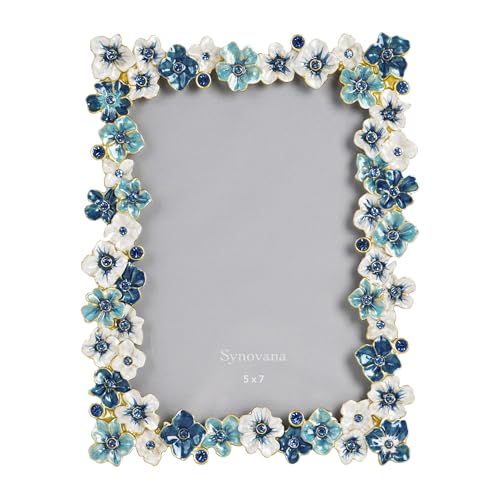 Synovana Blue Flower Picture Frame 5x7 Blossom Photo Frame for Tabletop Display, Decorative Flower Design Home Decor - Image 1