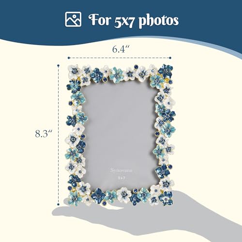 Synovana Blue Flower Picture Frame 5x7 Blossom Photo Frame for Tabletop Display, Decorative Flower Design Home Decor - Image 2