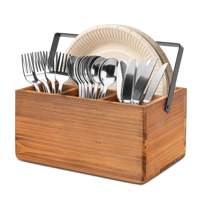 RedCall Silverware Caddy with Handle,Wood Utensil Holder for Party,Countertop Cutlery Flatware Organizer for Plate, Cup, Fork, Spoon - Image 1