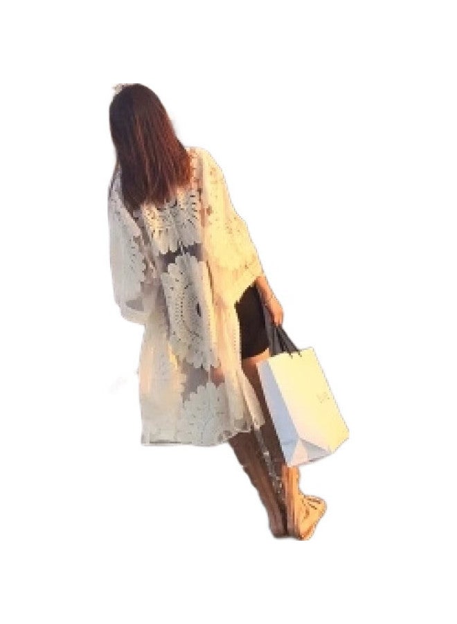 DK Seaside Sun Protection Clothing, Beach Cardigan Swimwear, Shawl Cover-Up, Hot Spring Mesh Jacket, Outer Wear, White - Image 2
