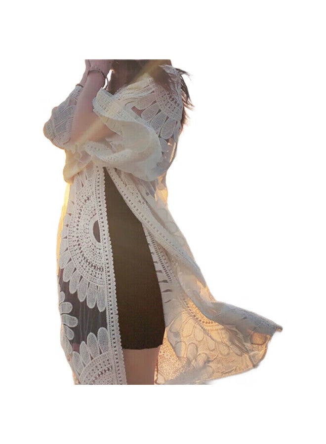 DK Seaside Sun Protection Clothing, Beach Cardigan Swimwear, Shawl Cover-Up, Hot Spring Mesh Jacket, Outer Wear, White - Image 1