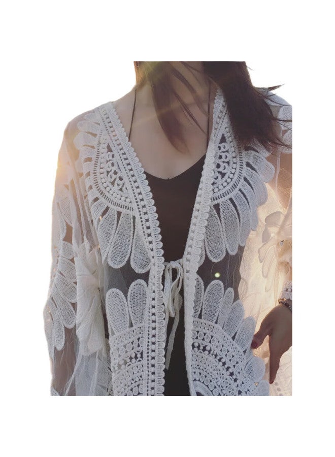 DK Seaside Sun Protection Clothing, Beach Cardigan Swimwear, Shawl Cover-Up, Hot Spring Mesh Jacket, Outer Wear, White - Image 3