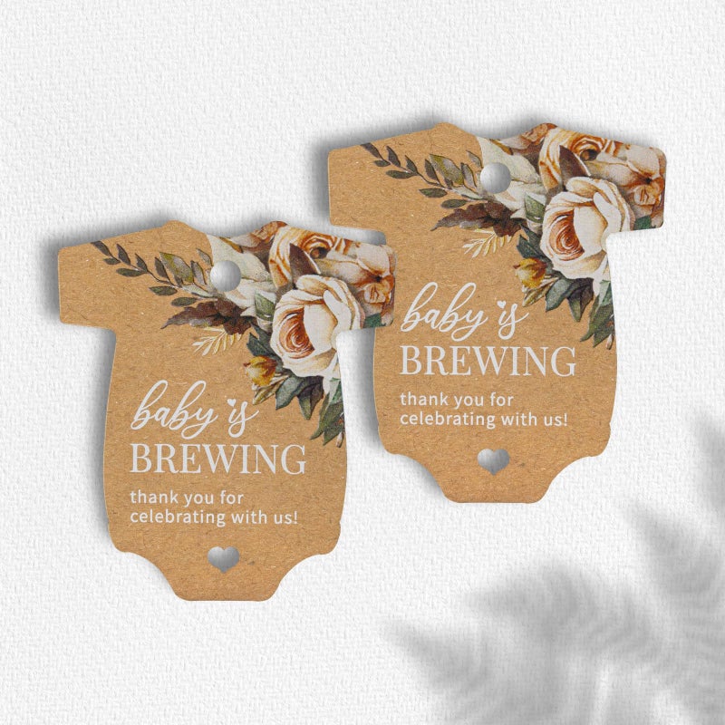 Summer-Ray.com Summer-Ray 50pcs Baby is Brewing Gift Tags Perfect for Baby Shower, Coffee Theme Party (Onesie White - Baby is Brewing, Floral) - Image 1
