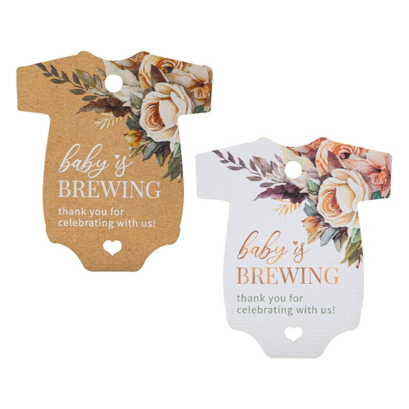 Summer-Ray.com Summer-Ray 50pcs Baby is Brewing Gift Tags Perfect for Baby Shower, Coffee Theme Party (Onesie White - Baby is Brewing, Floral) - Image 5