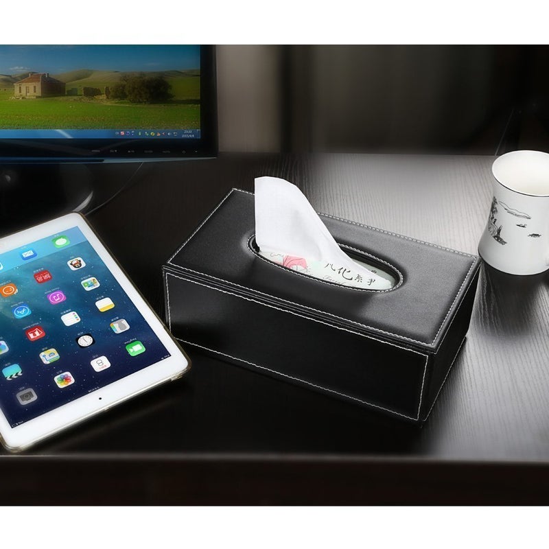 KINGFOM Rectangular PU Leather Tissue Box Cover - Facial Tissue Paper Napkin Holder for Bathroom, Home, Office, Car Automotive Decoration with Magnetic Bottom(Black) - Image 4