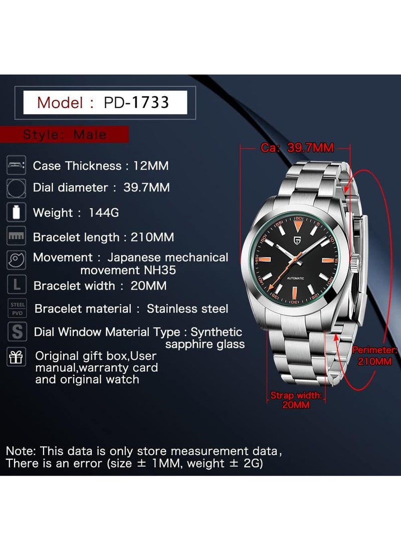 PAGANI DESIGN New Men's Mechanical Watches, 39.7MM Metal Frame, Imported NH35 Movement, Silver-Black Watch Head, Sapphire Glass Surface, Stainless Steel Silver Strap PD1733  - Image 3
