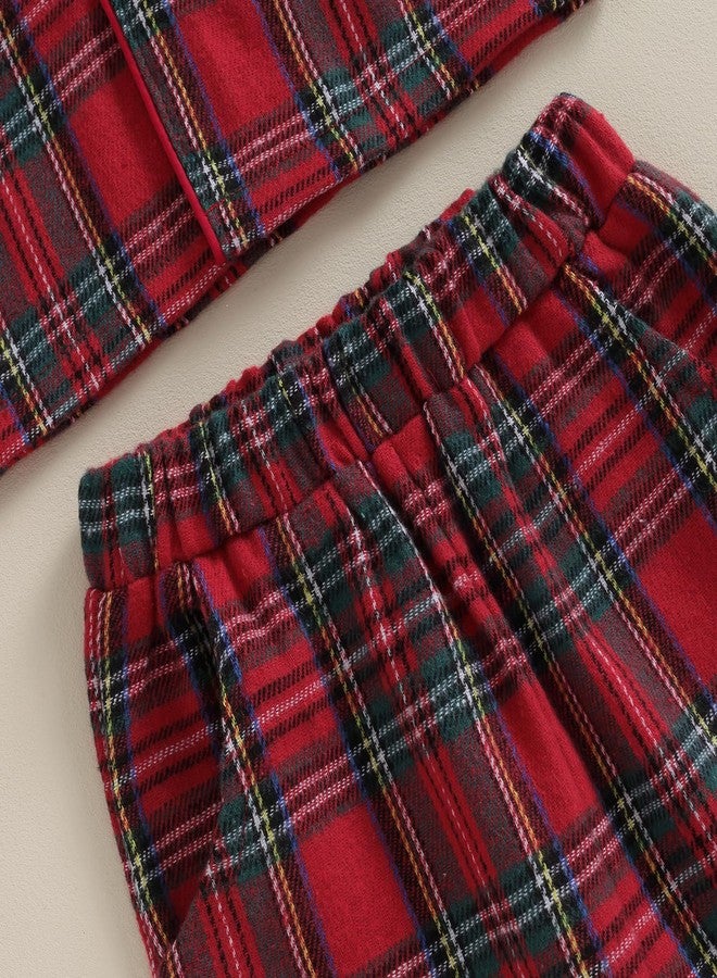fyclemt Toddler Boys Girls Christmas Pajamas Santa Plaid Long Sleeves Shirt Tops Pajama Pants Set Kids Satin Silk Nightgown Outfits (Red Plaid Button up, 18-24 Months) - Image 5