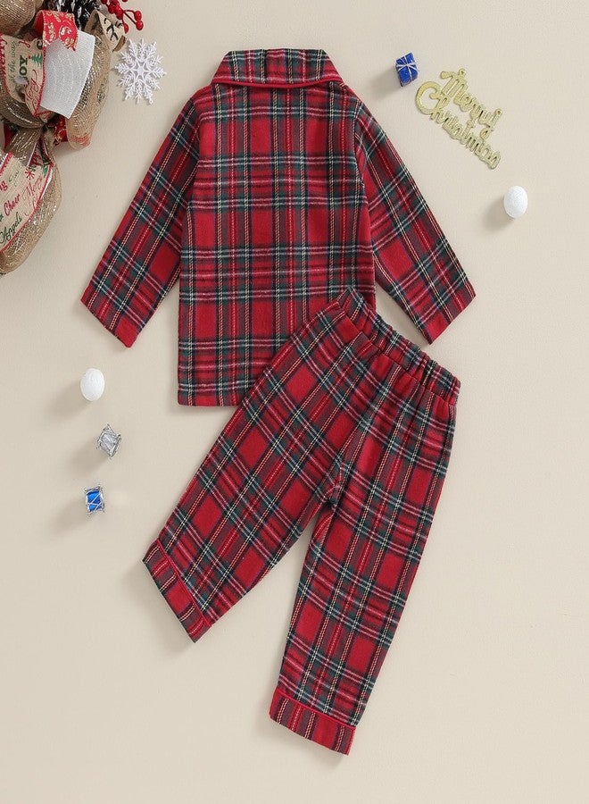 fyclemt Toddler Boys Girls Christmas Pajamas Santa Plaid Long Sleeves Shirt Tops Pajama Pants Set Kids Satin Silk Nightgown Outfits (Red Plaid Button up, 18-24 Months) - Image 4