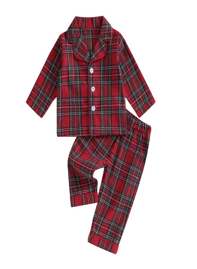 fyclemt Toddler Boys Girls Christmas Pajamas Santa Plaid Long Sleeves Shirt Tops Pajama Pants Set Kids Satin Silk Nightgown Outfits (Red Plaid Button up, 18-24 Months) - Image 1