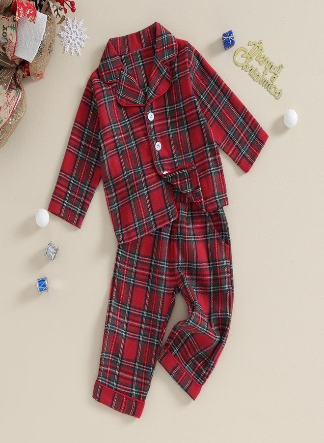 fyclemt Toddler Boys Girls Christmas Pajamas Santa Plaid Long Sleeves Shirt Tops Pajama Pants Set Kids Satin Silk Nightgown Outfits (Red Plaid Button up, 18-24 Months) - Image 2
