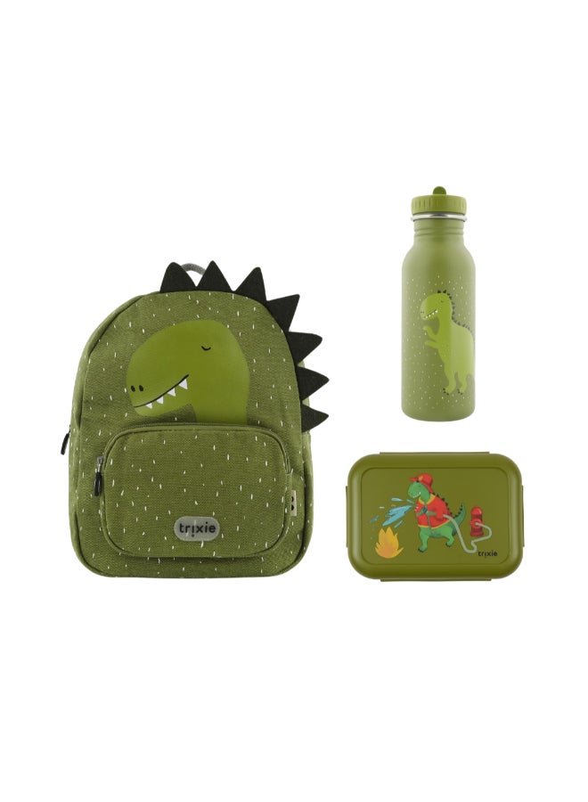 Trixie School Essential Set of 3 - Backpack Regular + Leakproof Kids Lunch Box with Clips + SS Bottle 500ml - Mr. Dino - Image 1