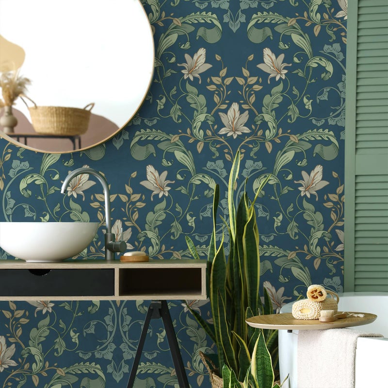 VaryStyle William Morris Floral Wallpaper Navy Blue Green Fern Leaf Floral Peel and Stick Vintage Victorian Wallpaper for Bedroom Bathroom Removable Retro Contact Paper for Walls Cabinets 17.7"x118" - Image 2