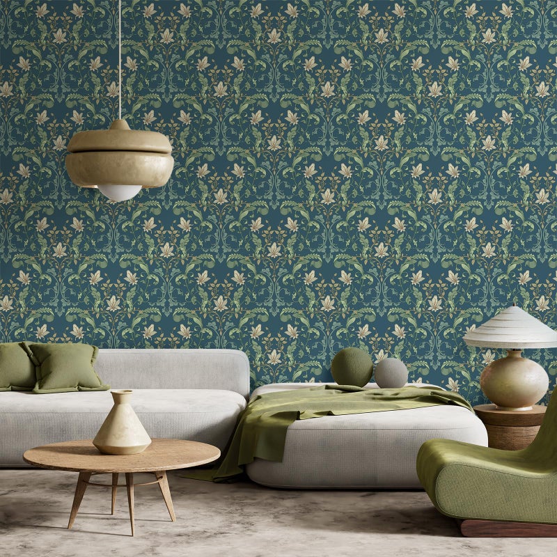VaryStyle William Morris Floral Wallpaper Navy Blue Green Fern Leaf Floral Peel and Stick Vintage Victorian Wallpaper for Bedroom Bathroom Removable Retro Contact Paper for Walls Cabinets 17.7"x118" - Image 5