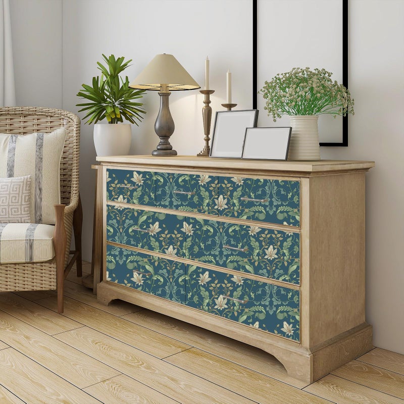 VaryStyle William Morris Floral Wallpaper Navy Blue Green Fern Leaf Floral Peel and Stick Vintage Victorian Wallpaper for Bedroom Bathroom Removable Retro Contact Paper for Walls Cabinets 17.7"x118" - Image 3