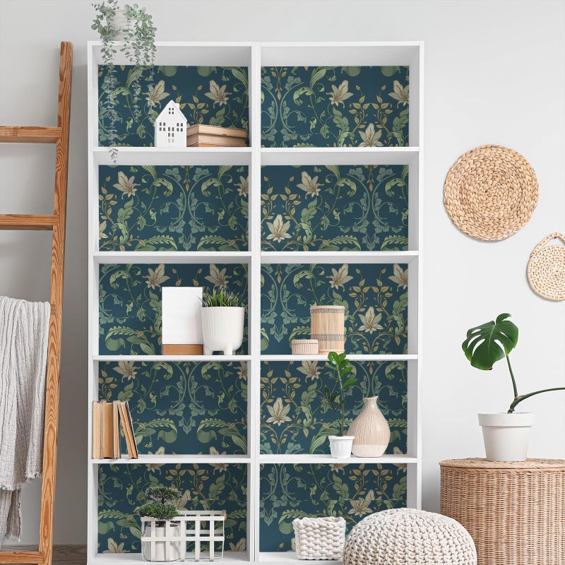 VaryStyle William Morris Floral Wallpaper Navy Blue Green Fern Leaf Floral Peel and Stick Vintage Victorian Wallpaper for Bedroom Bathroom Removable Retro Contact Paper for Walls Cabinets 17.7"x118" - Image 4