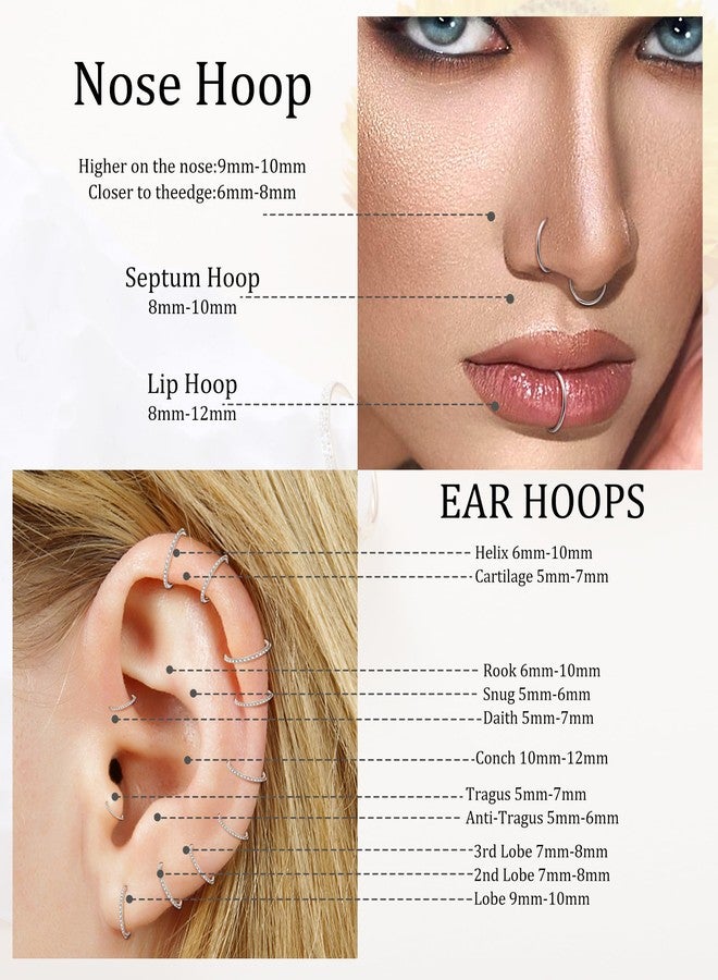 Staligue 3pcs Nose Rings Hoops - 316L Surgical Steel Hinged Nose Hoops 16G/18G/20G CZ Clicker Septum Nose Ring Lip Helix Cartilage Hoop Earring Daith Rook Conch Body Piercing Jewelry for Women Men 8mm 10mm, 18 - Image 3