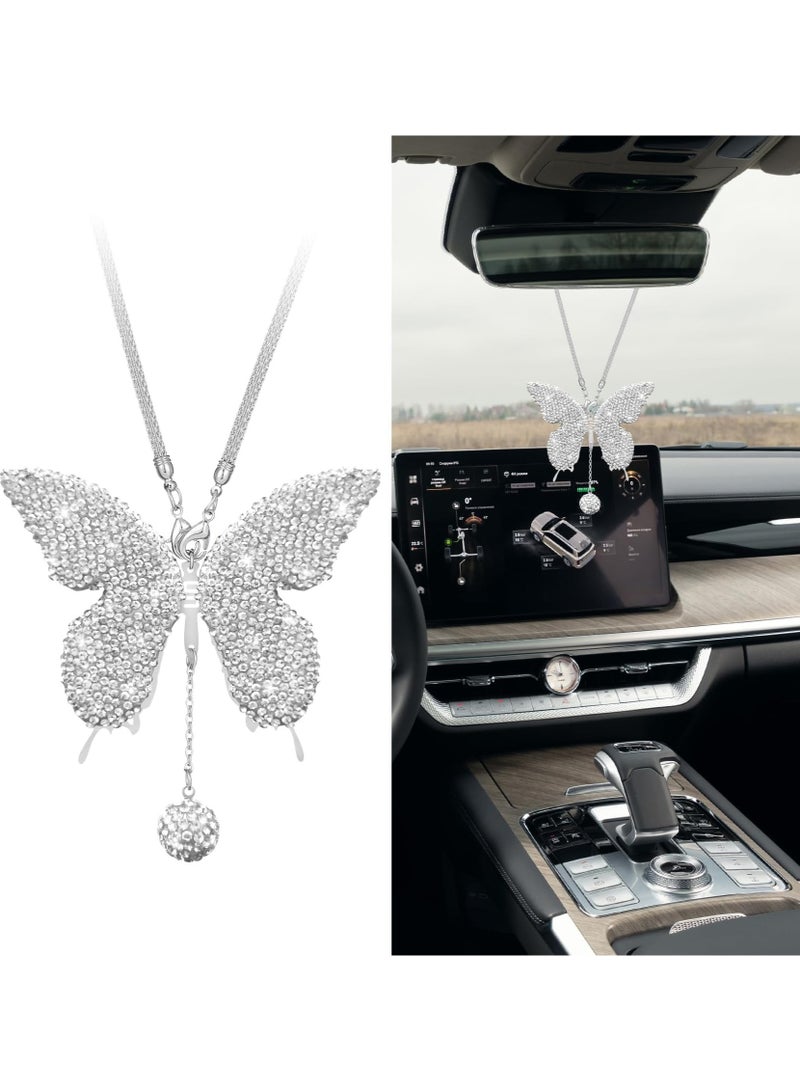 Butterfly Shaped Car Charms - Shiny Butterfly Car Pendant - Women's Crystal Rearview Mirror Charms, Lucky Charms, Elegant Car Interior Decoration (White) - Image 1