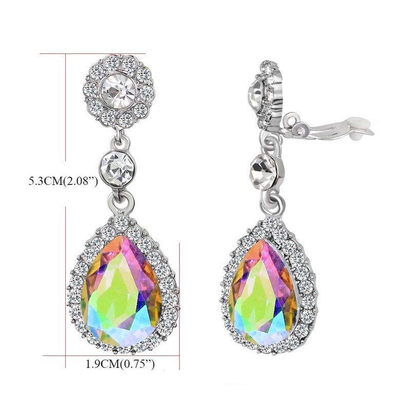 YINLI Gorgeous Austrian Crystal Rhinestone Clip on Earring Wedding Bridal Teardrop Drop Dangle Earrings (Clip on AB) - Image 3