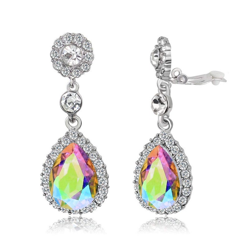YINLI Gorgeous Austrian Crystal Rhinestone Clip on Earring Wedding Bridal Teardrop Drop Dangle Earrings (Clip on AB) - Image 1