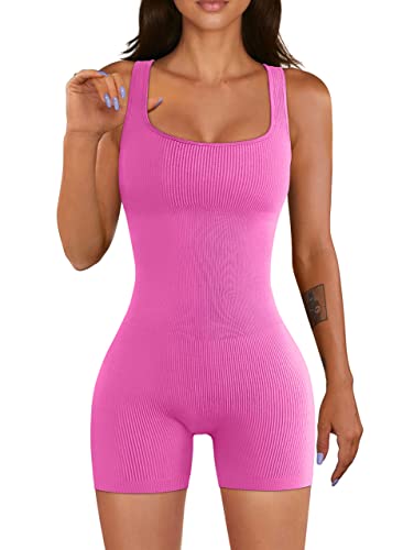 YIOIOIO Women Yoga Romper Workout Ribbed Square Neck One Piece Seamless Tank Top Jumpsuit - Image 1