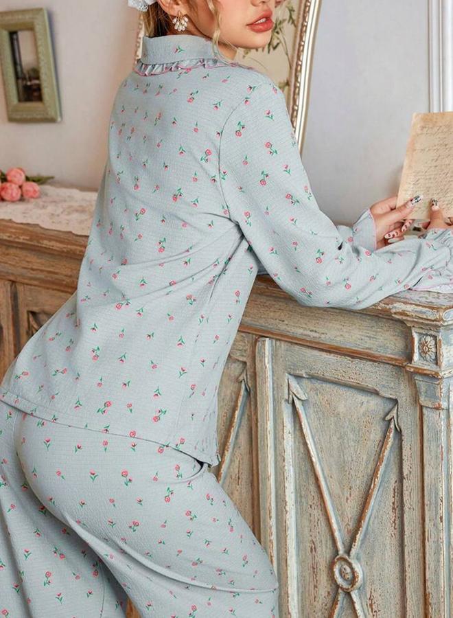 Take Two Blue Floral Print Shirt and Ruffle Hem Pyjama Set - Image 5
