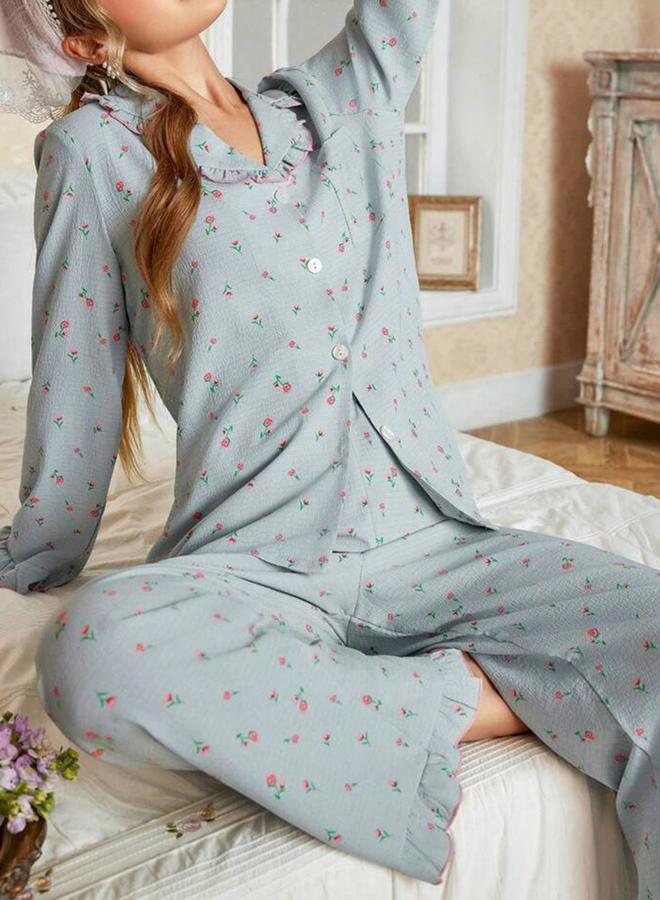Take Two Blue Floral Print Shirt and Ruffle Hem Pyjama Set - Image 4