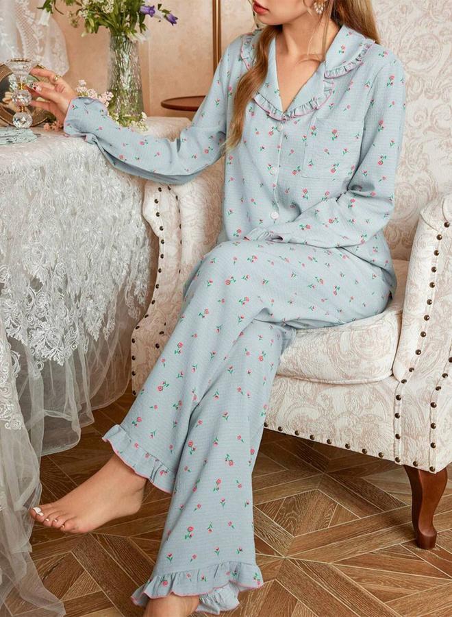 Take Two Blue Floral Print Shirt and Ruffle Hem Pyjama Set - Image 3