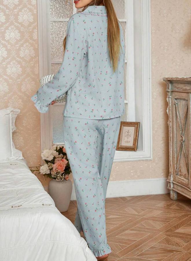 Take Two Blue Floral Print Shirt and Ruffle Hem Pyjama Set - Image 2