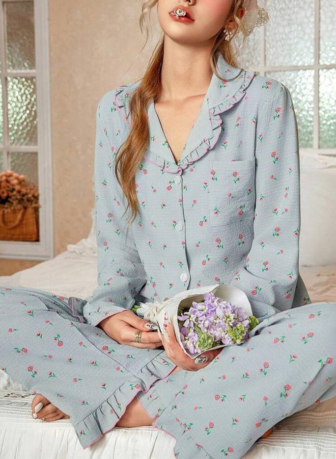Take Two Blue Floral Print Shirt and Ruffle Hem Pyjama Set - Image 1
