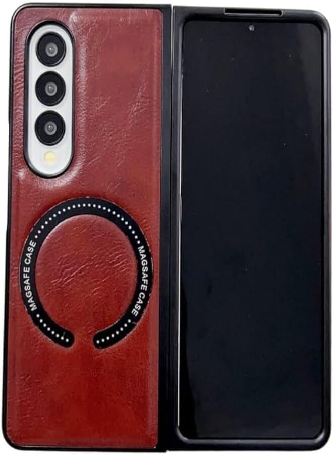 Next Next store Premium Galaxy Z Fold 4 Case PU Leather Case [Compatible with MagSafe] Wireless Charging Case for Samsung Galaxy Z Fold 4 - (Dark Brown)