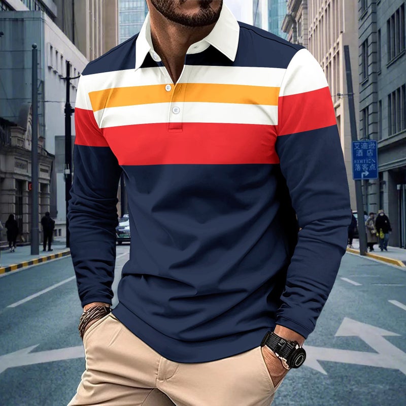 Men's Long Sleeve Printed Contrast Collar Casual Polo Shirt - Image 2