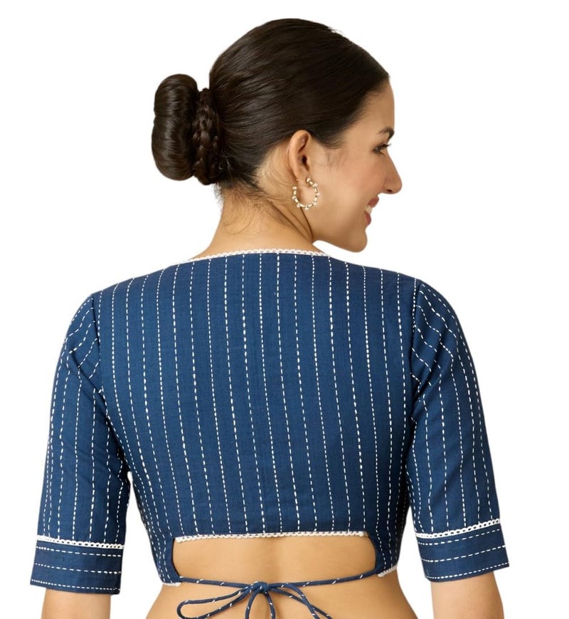 Studio Shringaar Women's Cotton Handloom V-Neck Readymade Saree Blouse with Off White Stripes (Blue, 34) - Image 2