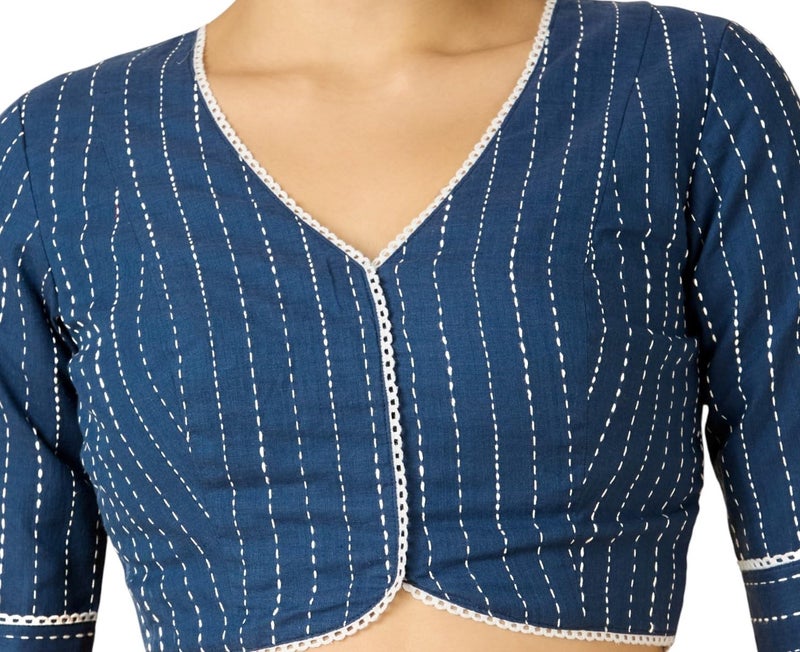 Studio Shringaar Women's Cotton Handloom V-Neck Readymade Saree Blouse with Off White Stripes (Blue, 34) - Image 3