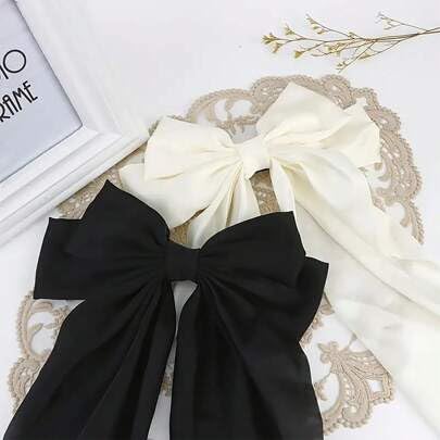 ChicTresses Black And Off White - Luxury Silky Satin Hair Bows For Girls, Cute Hair Accessories - Image 4