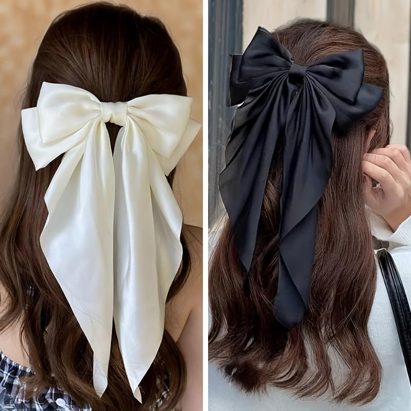 ChicTresses Black And Off White - Luxury Silky Satin Hair Bows For Girls, Cute Hair Accessories - Image 1