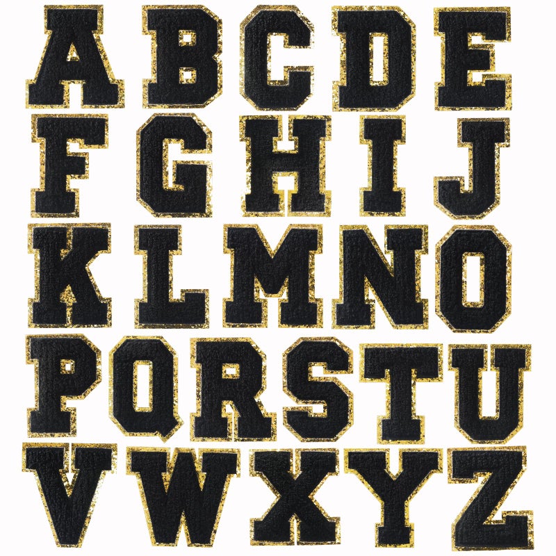 26 Pieces Black chenille letter patches Embroidered letters Glitter patches Varsity Iron on gold letter patches Adhesive Sticker Letter Patch 31in Height